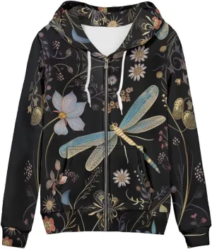 HUIACONG Black Women Zip Up Hoodie Y2K Graphic Oversized Hoodies Graphic Dragonfly Sweatshirts Hooded with Pockets2024 Fall Jackets Outfits E-Girls 90S Streetwear
