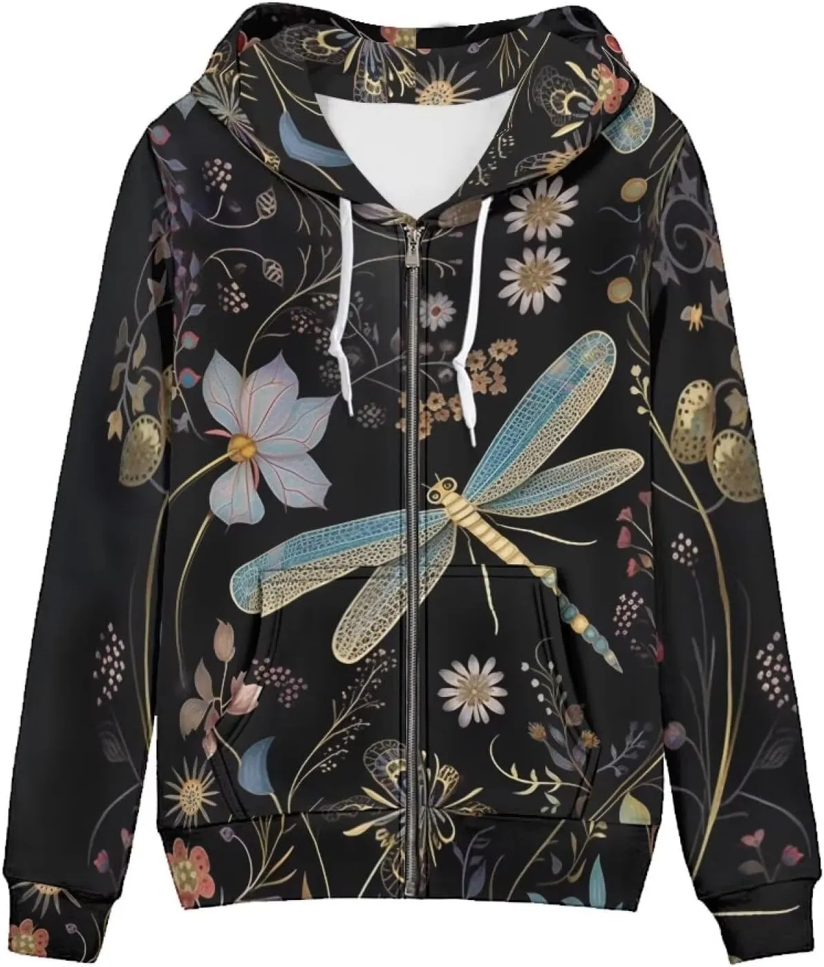 HUIACONG Black Women Zip Up Hoodie Y2K Graphic Oversized Hoodies Graphic Dragonfly Sweatshirts Hooded with Pockets2024 Fall Jackets Outfits E-Girls 90S Streetwear