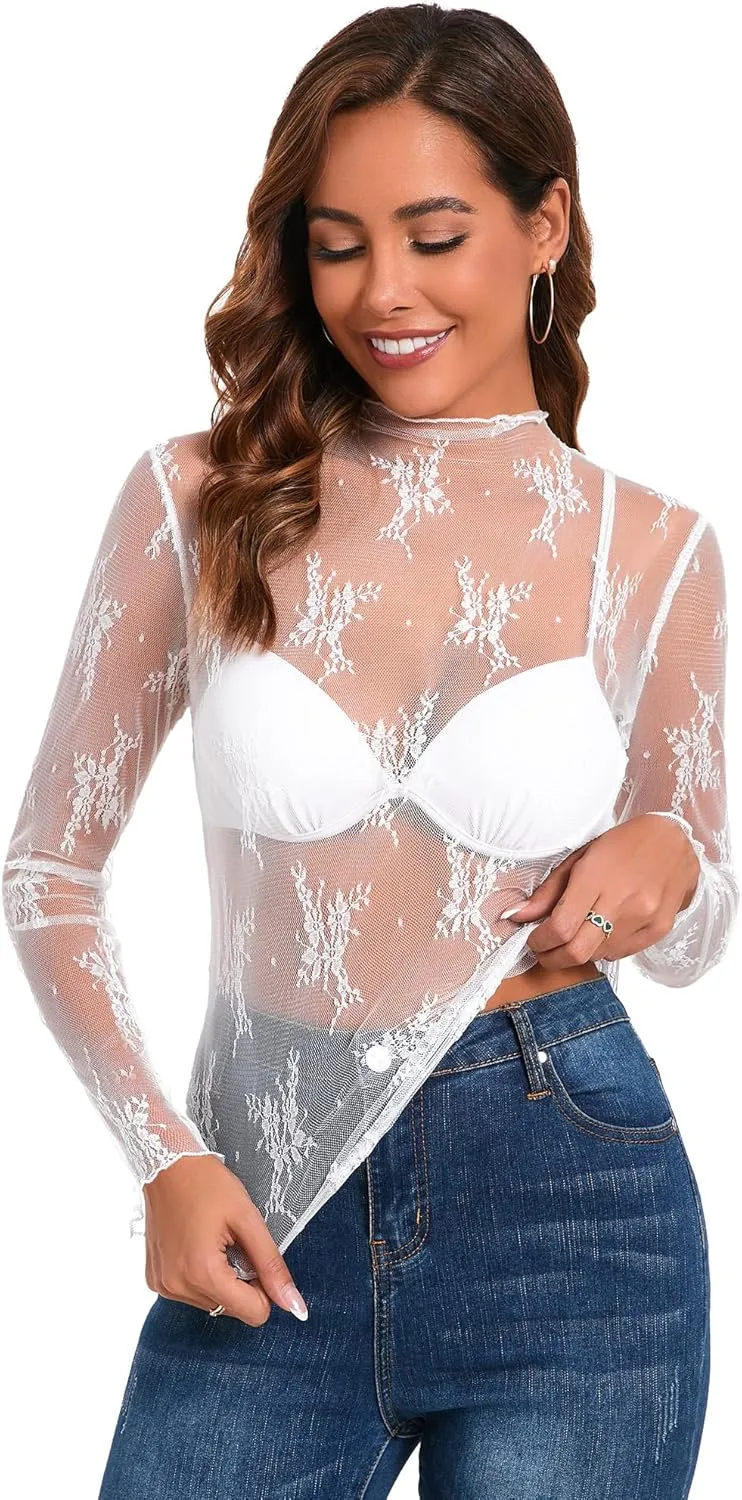 Huukeay 3 Pack mesh Long Sleeve Tops for Women lace Undershirt Mock Neck Sheer Blouse See Through Floral Clubwear Shirts