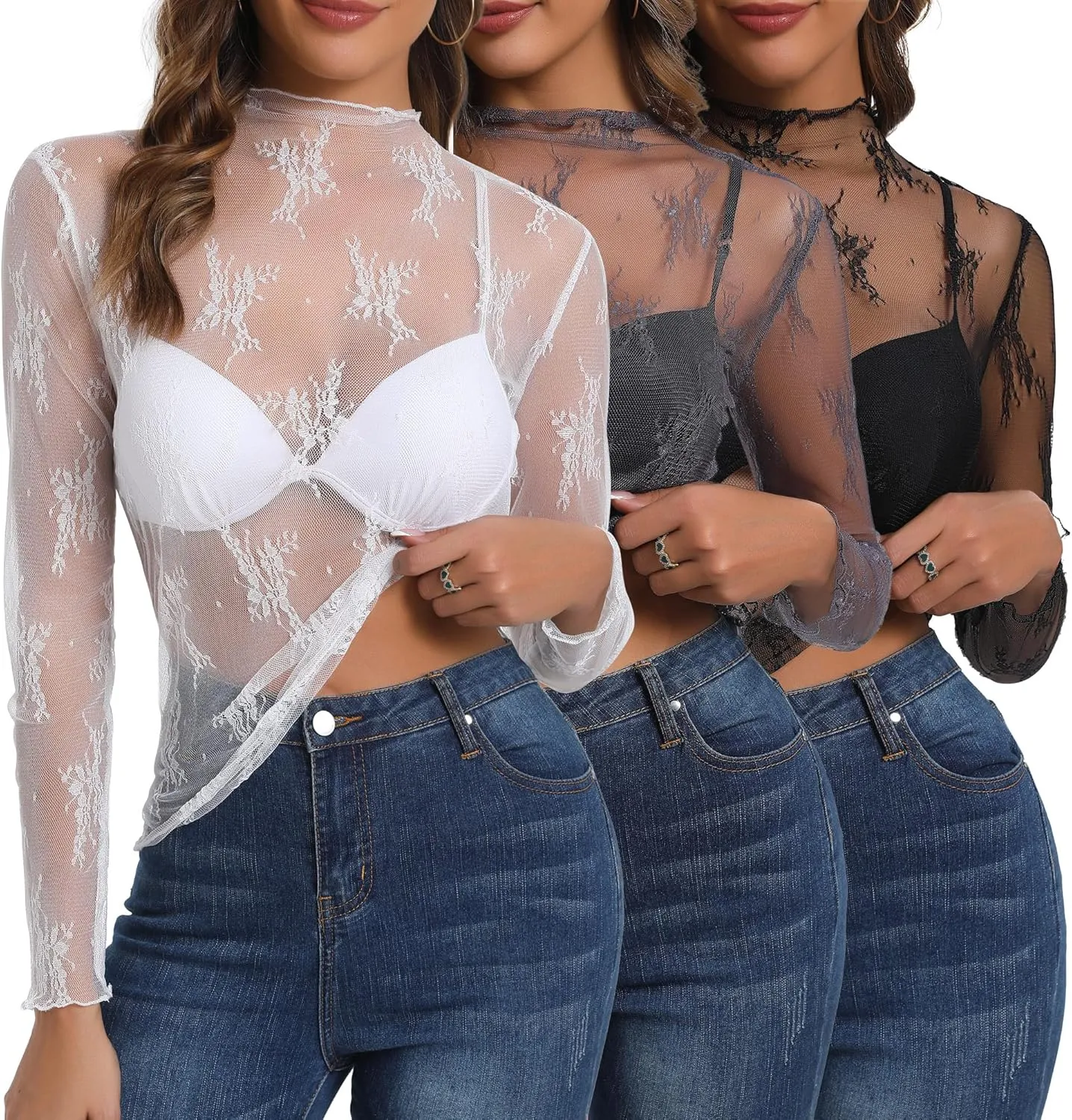 Huukeay 3 Pack mesh Long Sleeve Tops for Women lace Undershirt Mock Neck Sheer Blouse See Through Floral Clubwear Shirts