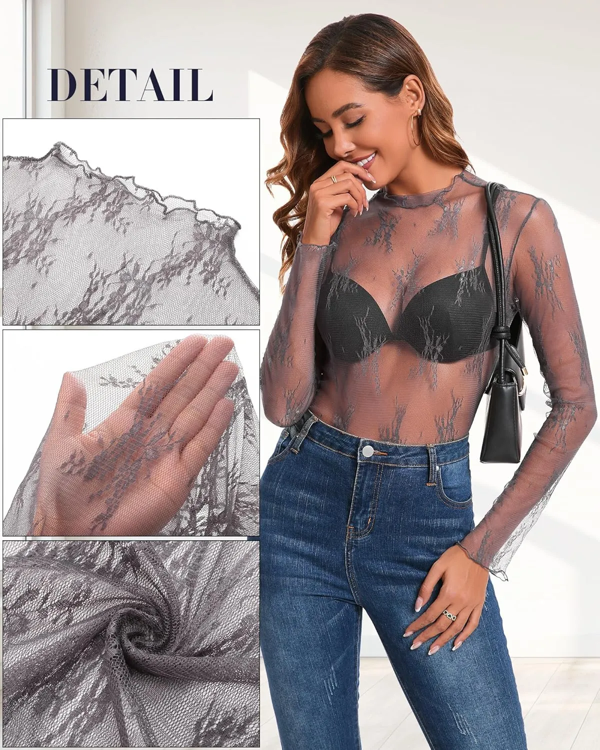 Huukeay 3 Pack mesh Long Sleeve Tops for Women lace Undershirt Mock Neck Sheer Blouse See Through Floral Clubwear Shirts