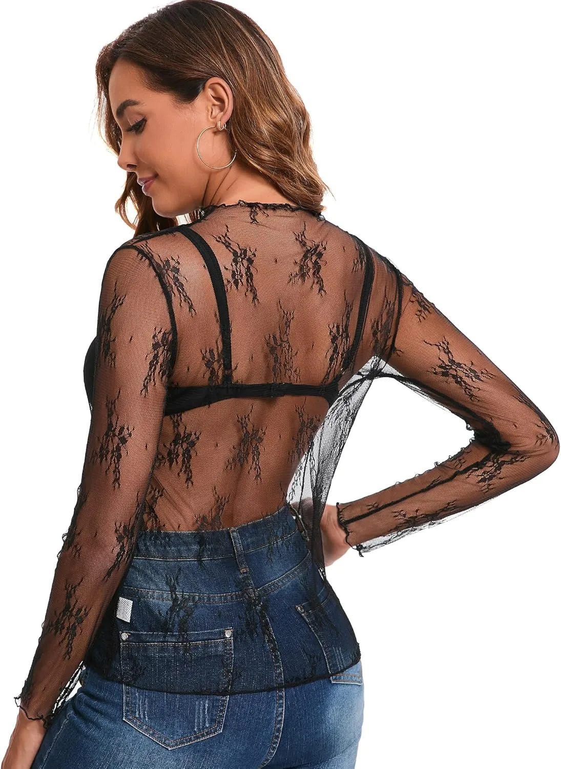 Huukeay 3 Pack mesh Long Sleeve Tops for Women lace Undershirt Mock Neck Sheer Blouse See Through Floral Clubwear Shirts