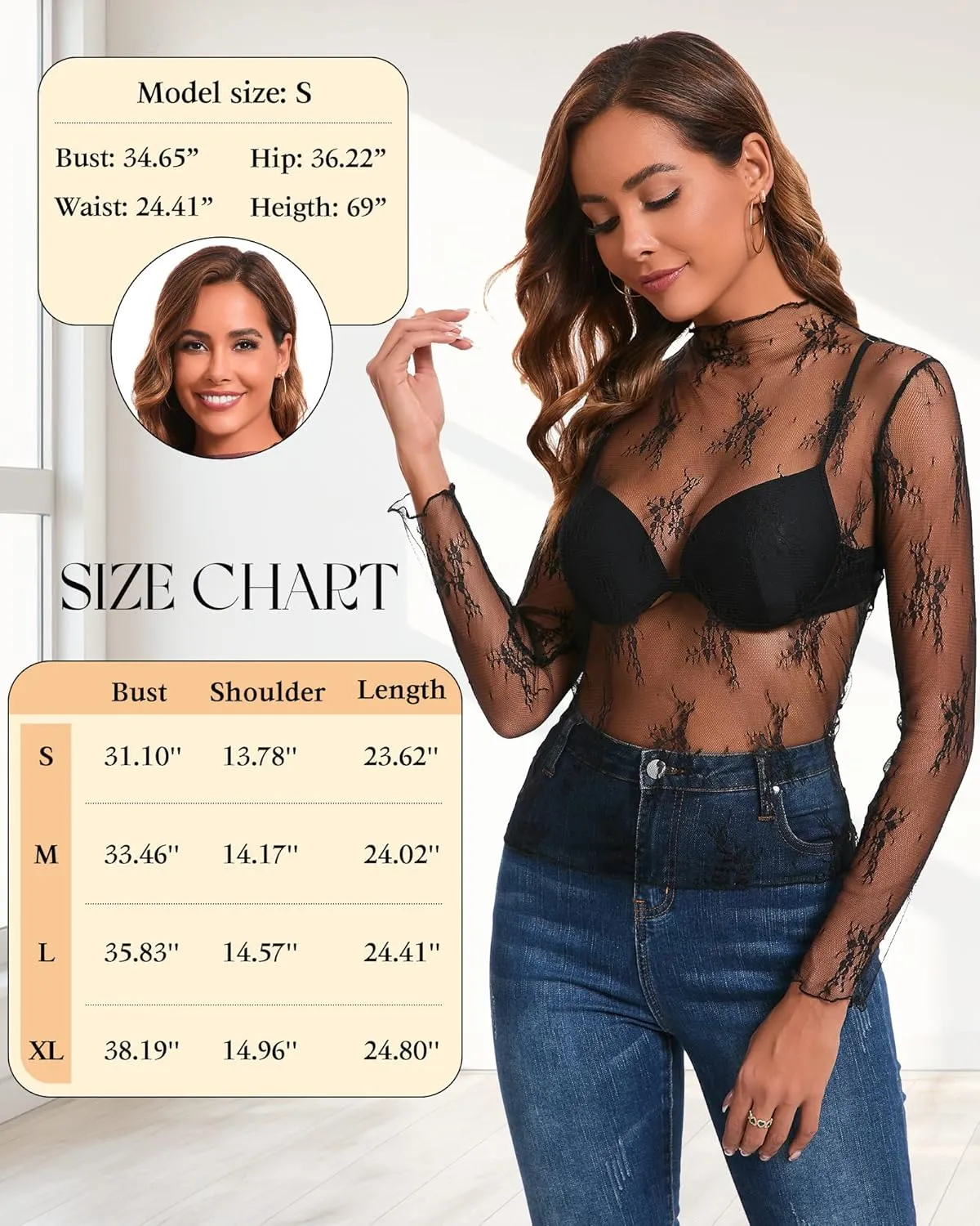 Huukeay 3 Pack mesh Long Sleeve Tops for Women lace Undershirt Mock Neck Sheer Blouse See Through Floral Clubwear Shirts