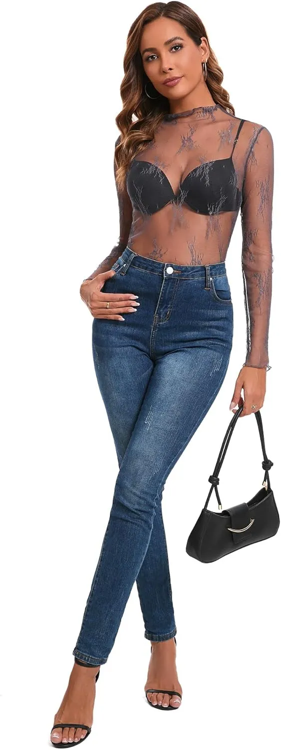Huukeay 3 Pack mesh Long Sleeve Tops for Women lace Undershirt Mock Neck Sheer Blouse See Through Floral Clubwear Shirts