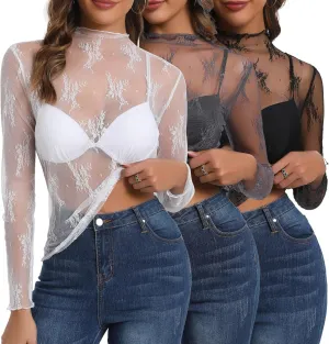 Huukeay 3 Pack mesh Long Sleeve Tops for Women lace Undershirt Mock Neck Sheer Blouse See Through Floral Clubwear Shirts