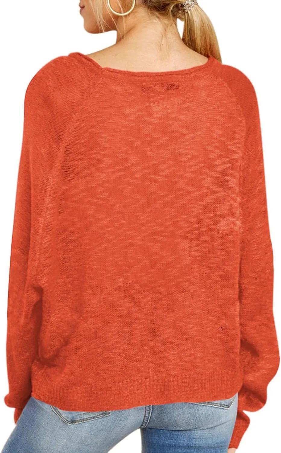 HUUSA Oversized Sweaters for Women Crewneck Tops Knitted Baggy Pullover Sexy See Through Beach Coverups Relaxed Fit
