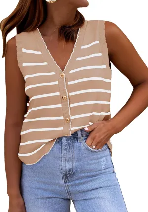 HVT Vest Tops for Women V Neck Striped Sweater Vests 2025 Summer Vacation Button Up Outfits Spring Tops