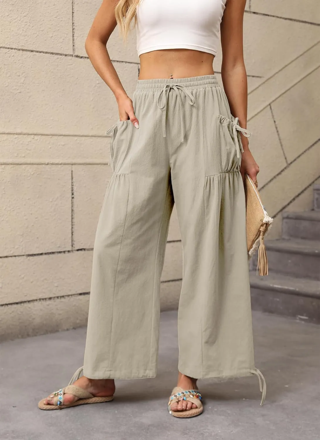 HVT Women's Boho Pants Casual Loose Summer Wide Leg Drawstring High Waist Palazzo Trousers Beach Pants with Pockets