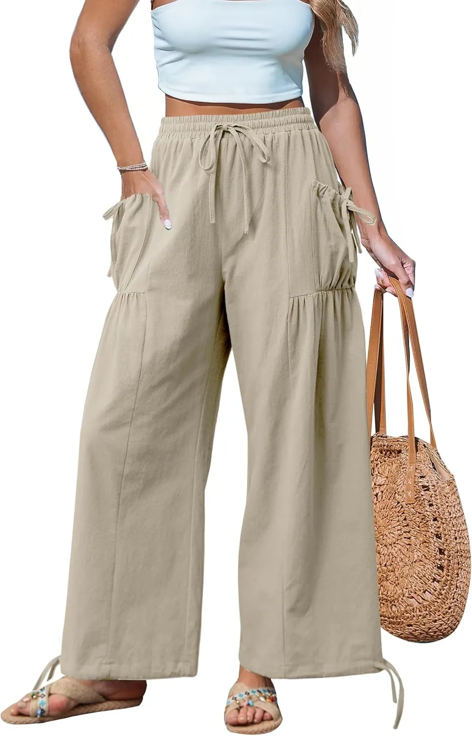 HVT Women's Boho Pants Casual Loose Summer Wide Leg Drawstring High Waist Palazzo Trousers Beach Pants with Pockets