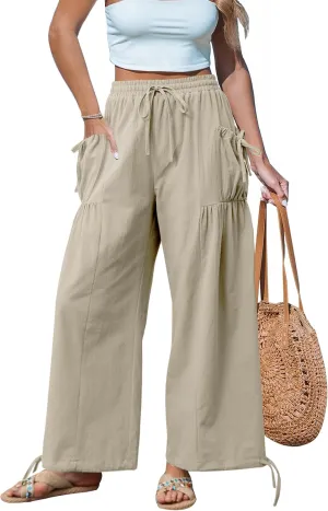 HVT Women's Boho Pants Casual Loose Summer Wide Leg Drawstring High Waist Palazzo Trousers Beach Pants with Pockets
