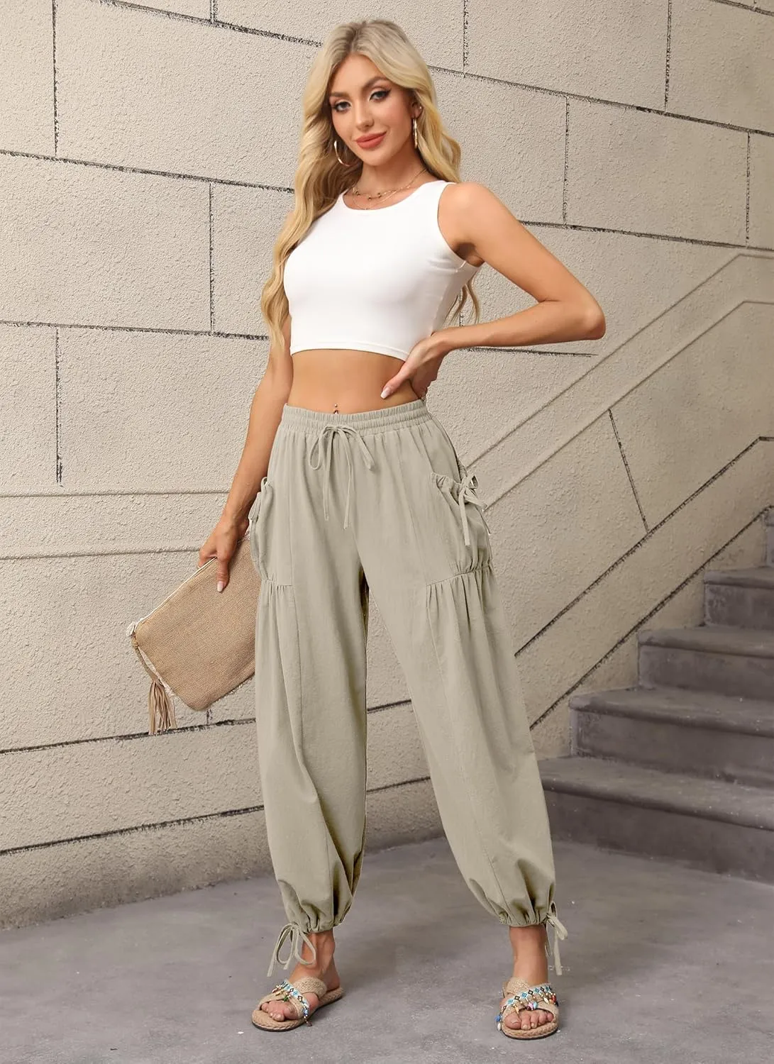 HVT Women's Boho Pants Casual Loose Summer Wide Leg Drawstring High Waist Palazzo Trousers Beach Pants with Pockets
