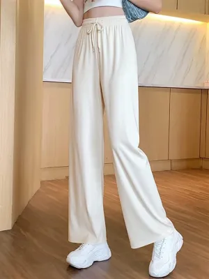 Ice Silk Loose Casual Pants, Women Plus Size Wide Leg Pants Yoga Pants, Solid Slim Fit High Waist Pants (White,M)