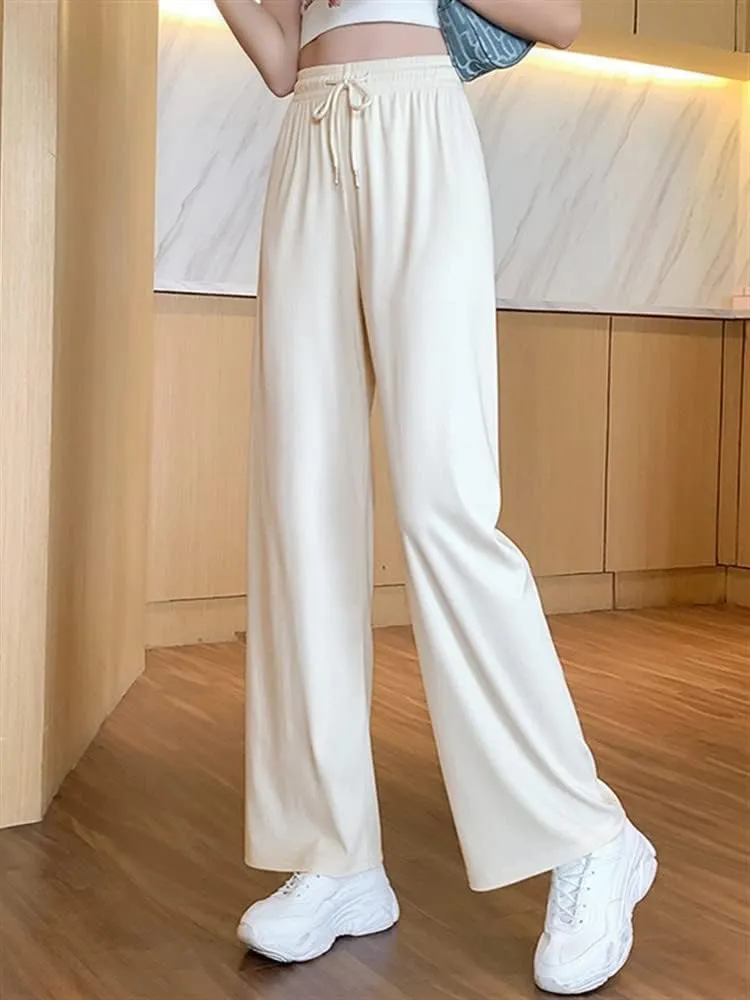 Ice Silk Loose Casual Pants, Women Plus Size Wide Leg Pants Yoga Pants, Solid Slim Fit High Waist Pants (White,M)