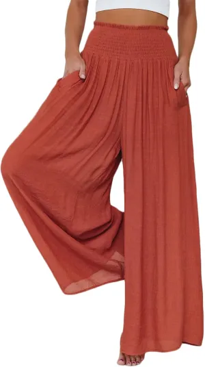 ICNGLKSND Women's Casual Comfy Pant Wide Leg Palazzo Lounge Pants Smock Elastic High Waist Flared Bell Bottom Cotton Trouser