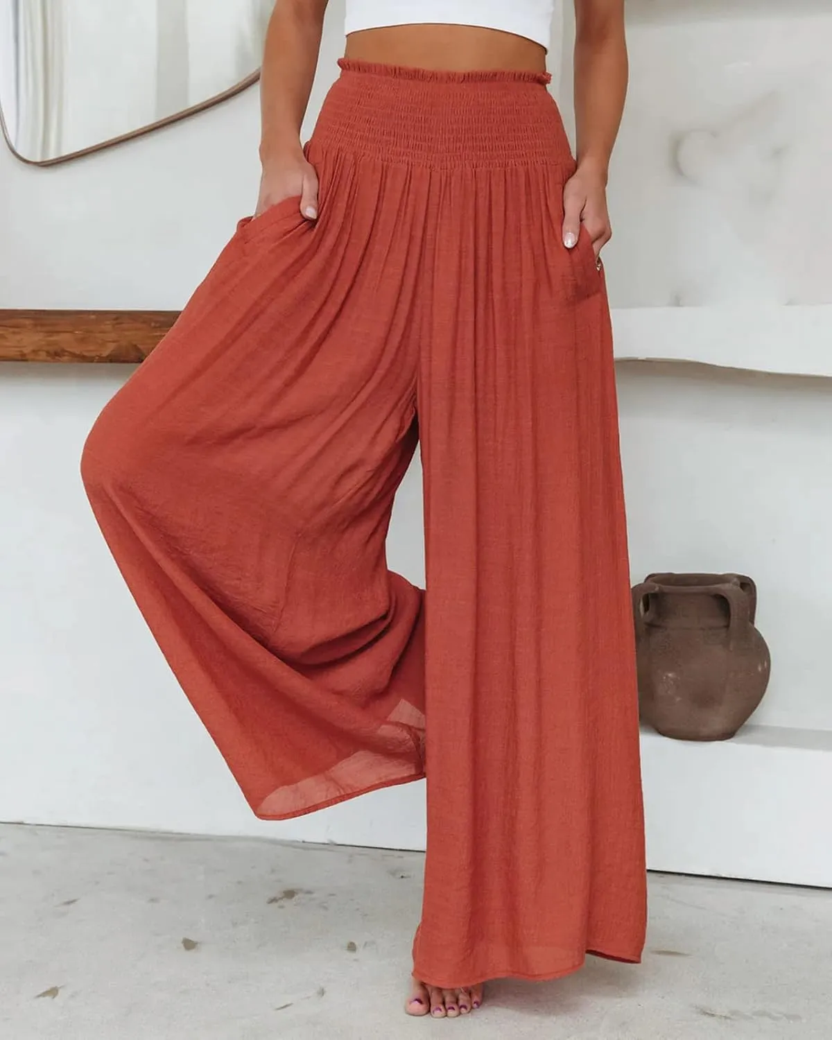 ICNGLKSND Women's Casual Comfy Pant Wide Leg Palazzo Lounge Pants Smock Elastic High Waist Flared Bell Bottom Cotton Trouser