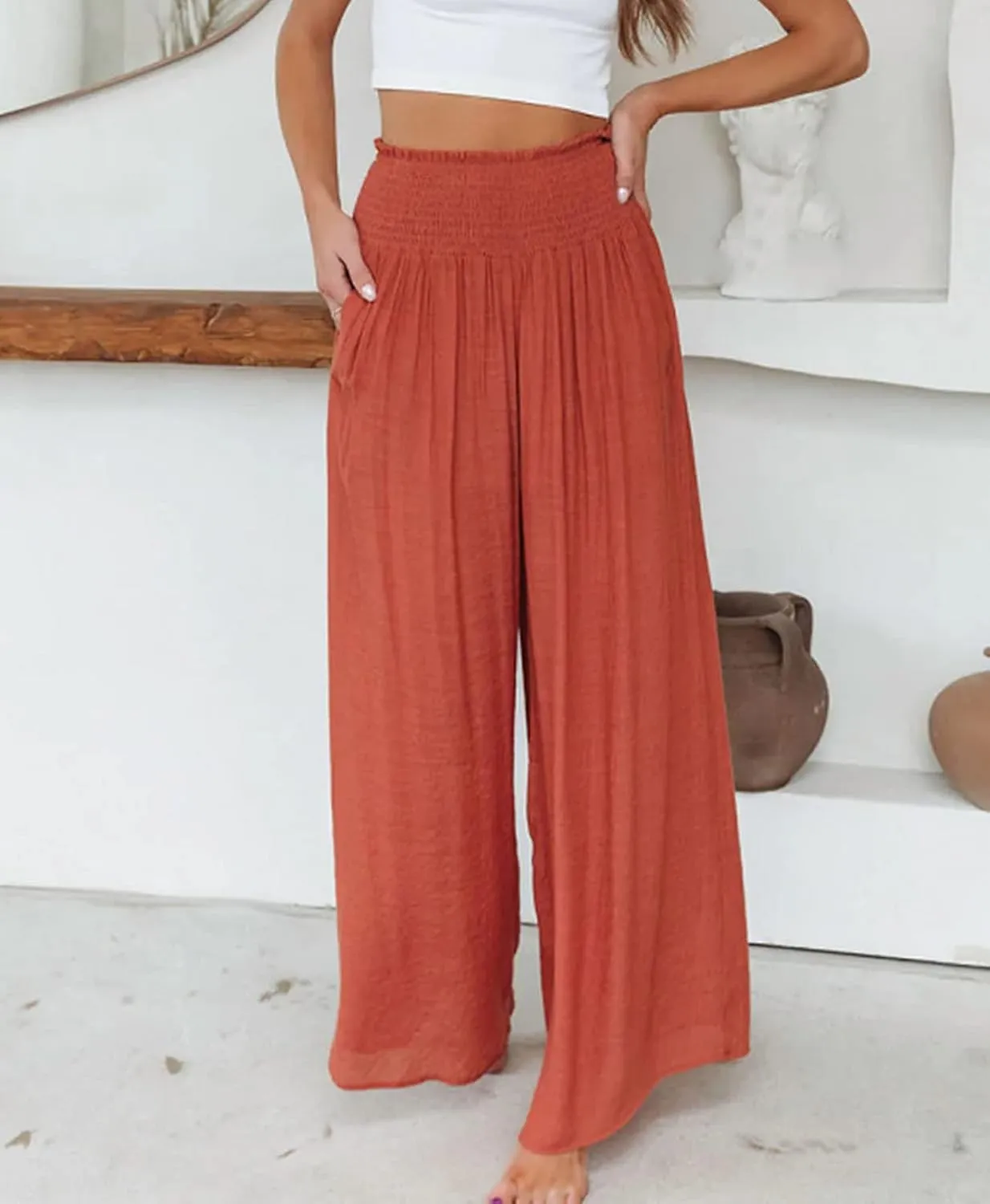 ICNGLKSND Women's Casual Comfy Pant Wide Leg Palazzo Lounge Pants Smock Elastic High Waist Flared Bell Bottom Cotton Trouser