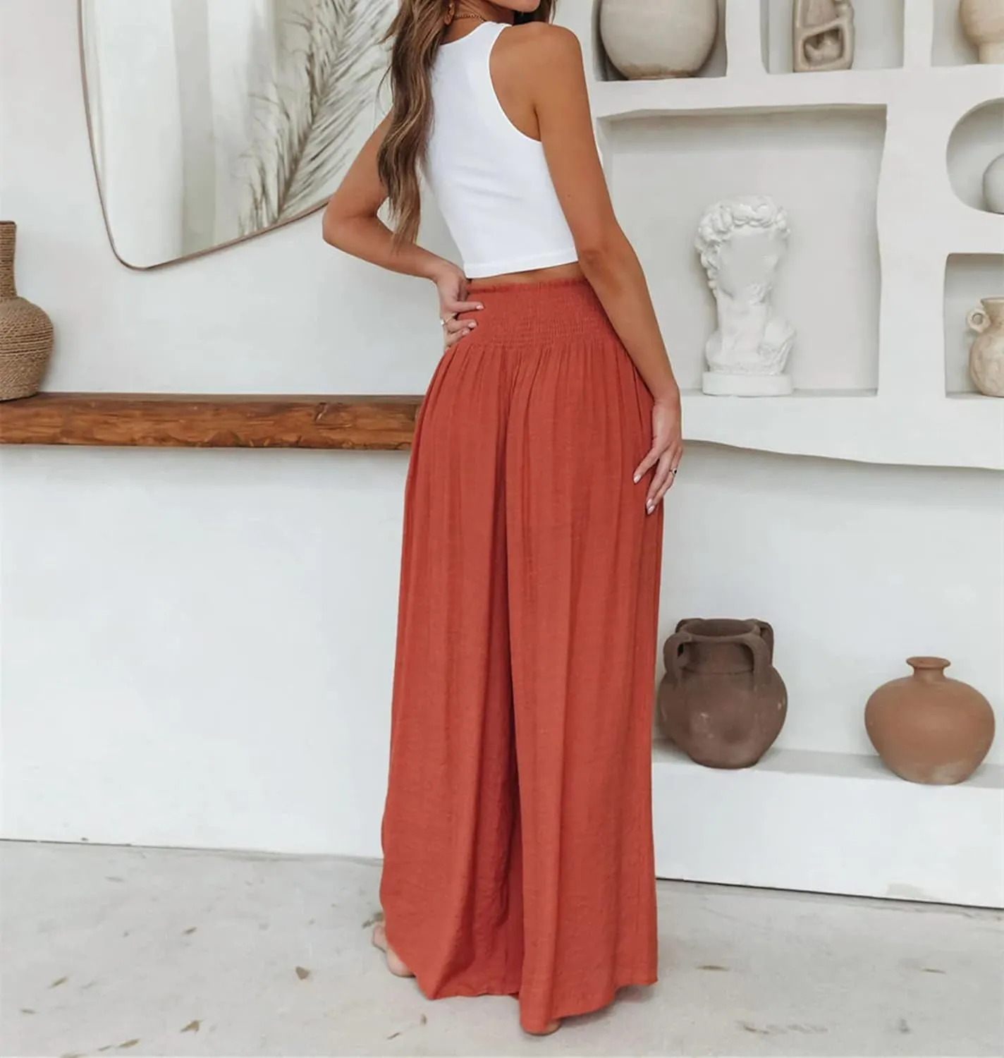 ICNGLKSND Women's Casual Comfy Pant Wide Leg Palazzo Lounge Pants Smock Elastic High Waist Flared Bell Bottom Cotton Trouser