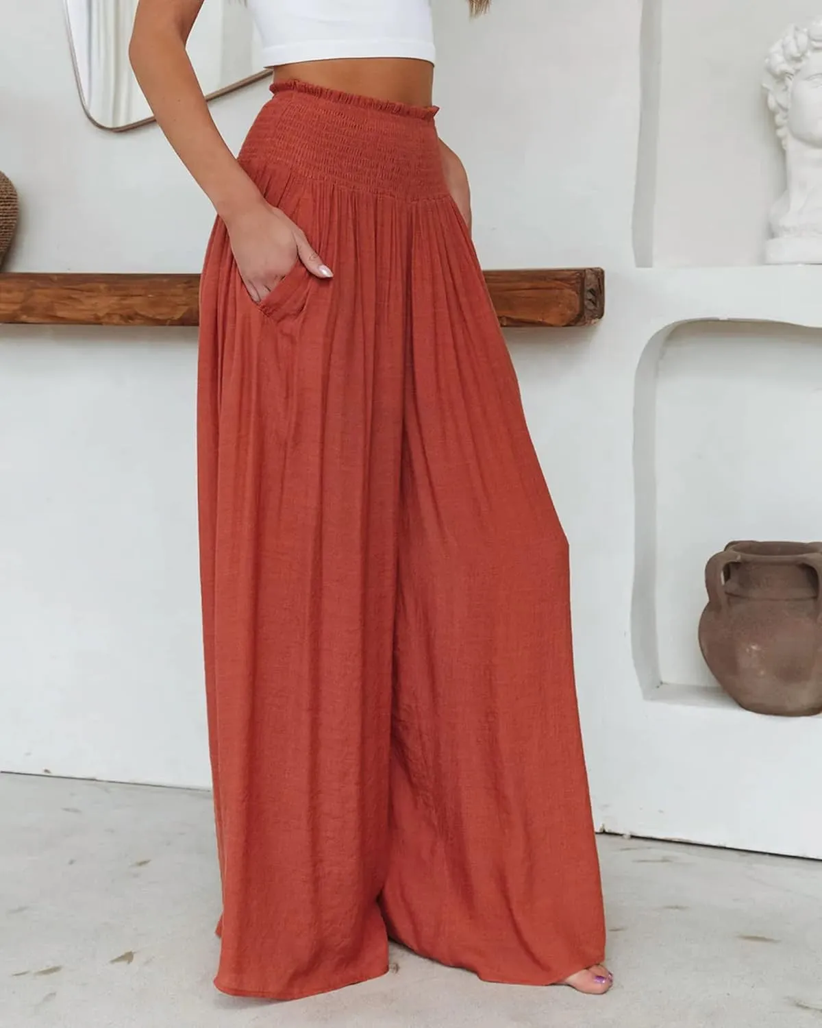 ICNGLKSND Women's Casual Comfy Pant Wide Leg Palazzo Lounge Pants Smock Elastic High Waist Flared Bell Bottom Cotton Trouser