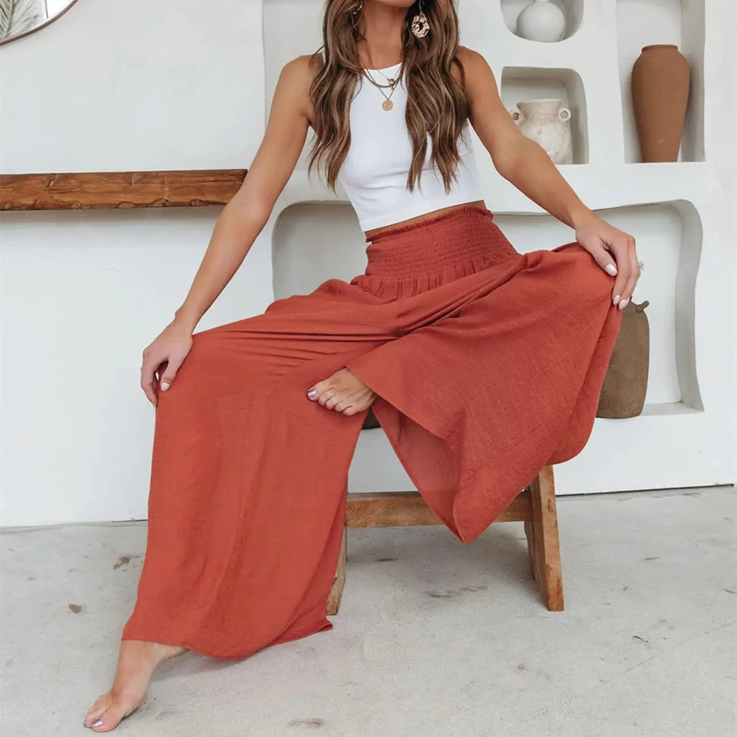 ICNGLKSND Women's Casual Comfy Pant Wide Leg Palazzo Lounge Pants Smock Elastic High Waist Flared Bell Bottom Cotton Trouser