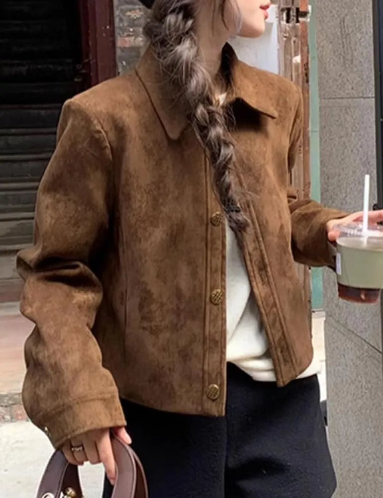 IDEALSANXUN Cropped Suede Jacket Women Fall Winter Casual Vintage Leather Aviator Jackets Outerwear