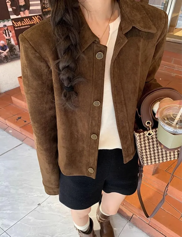 IDEALSANXUN Cropped Suede Jacket Women Fall Winter Casual Vintage Leather Aviator Jackets Outerwear