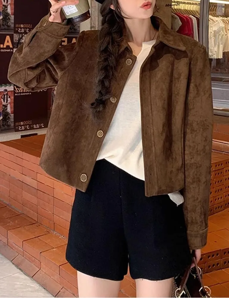 IDEALSANXUN Cropped Suede Jacket Women Fall Winter Casual Vintage Leather Aviator Jackets Outerwear