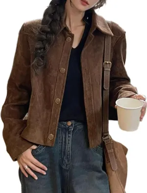 IDEALSANXUN Cropped Suede Jacket Women Fall Winter Casual Vintage Leather Aviator Jackets Outerwear