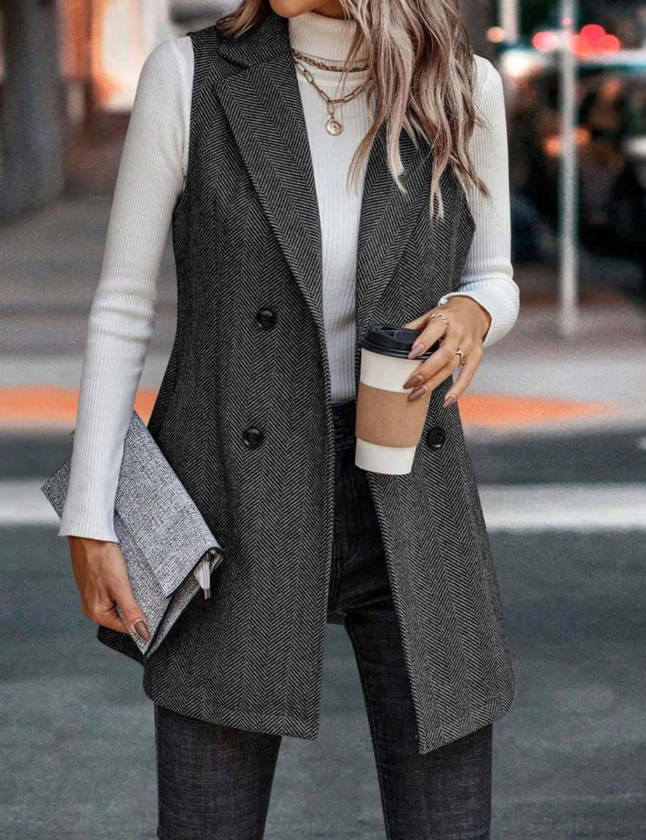 IDEALSANXUN Long Vest for Women Sleeveless Tweed Blazer Fall Jackets Cardigan Outerwear