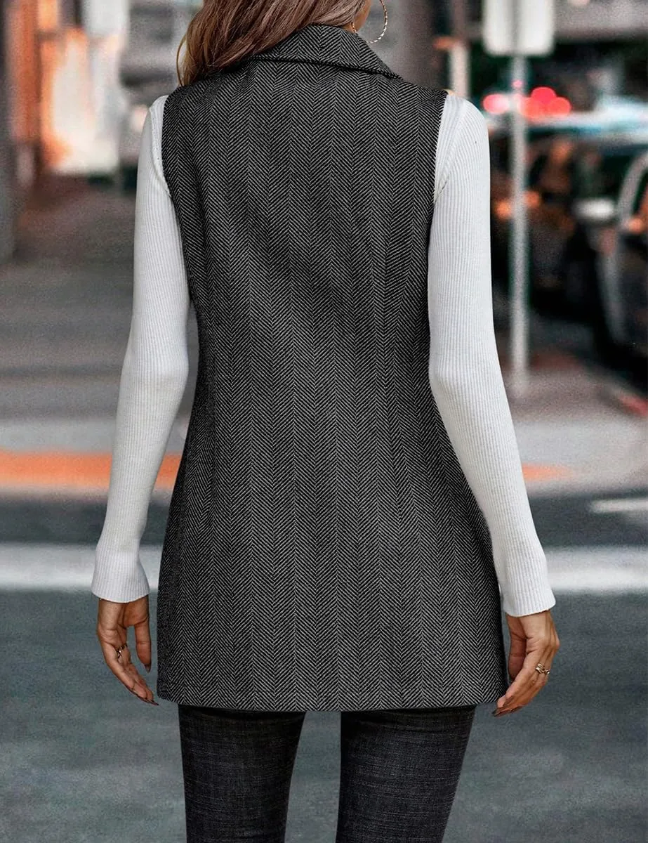 IDEALSANXUN Long Vest for Women Sleeveless Tweed Blazer Fall Jackets Cardigan Outerwear
