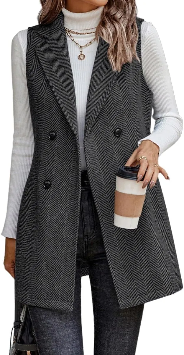 IDEALSANXUN Long Vest for Women Sleeveless Tweed Blazer Fall Jackets Cardigan Outerwear