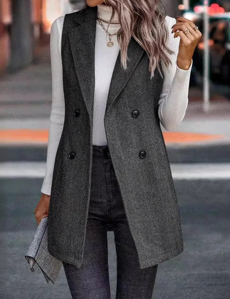 IDEALSANXUN Long Vest for Women Sleeveless Tweed Blazer Fall Jackets Cardigan Outerwear