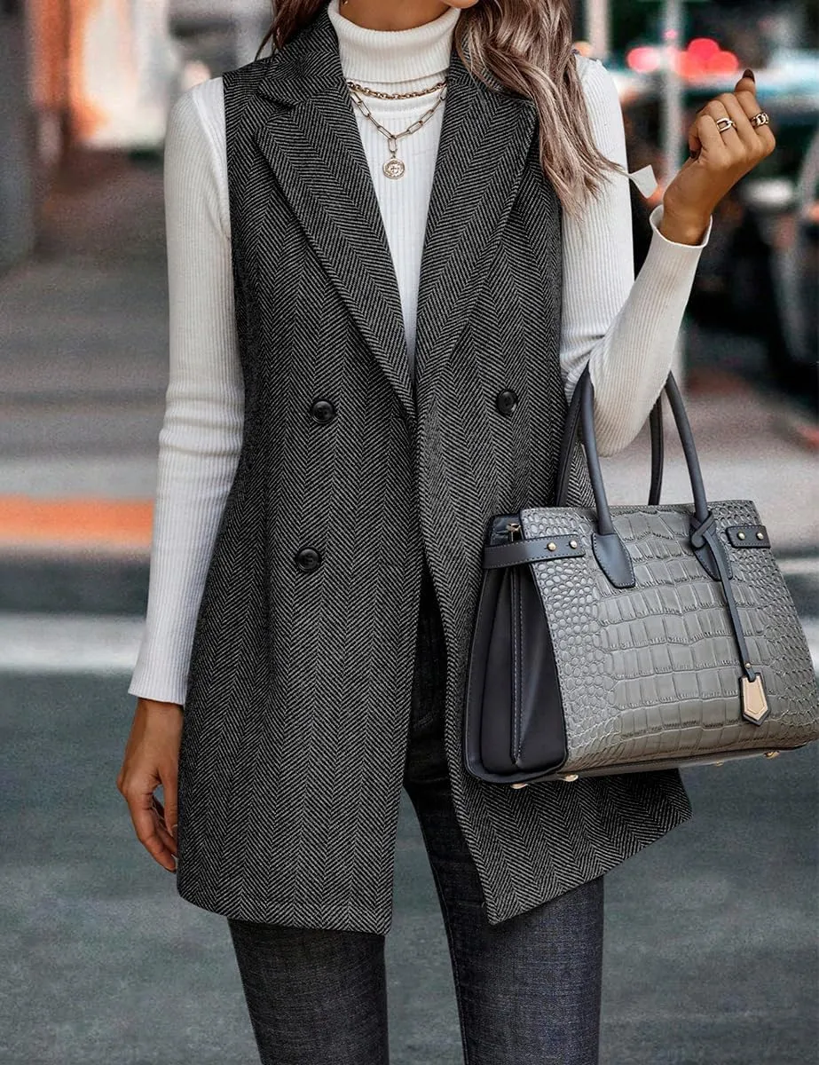 IDEALSANXUN Long Vest for Women Sleeveless Tweed Blazer Fall Jackets Cardigan Outerwear