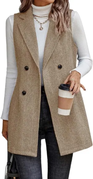 IDEALSANXUN Long Vest for Women Sleeveless Tweed Blazer Fall Jackets Cardigan Outerwear