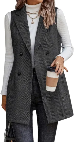 IDEALSANXUN Long Vest for Women Sleeveless Tweed Blazer Fall Jackets Cardigan Outerwear