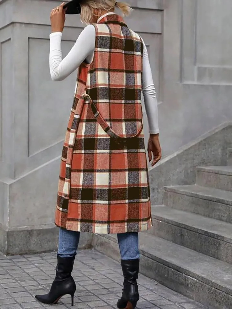 IDEALSANXUN Womens Long Plaid Vest Fall Winter Sleeveless Blazer Jackets Open Front Cardigan