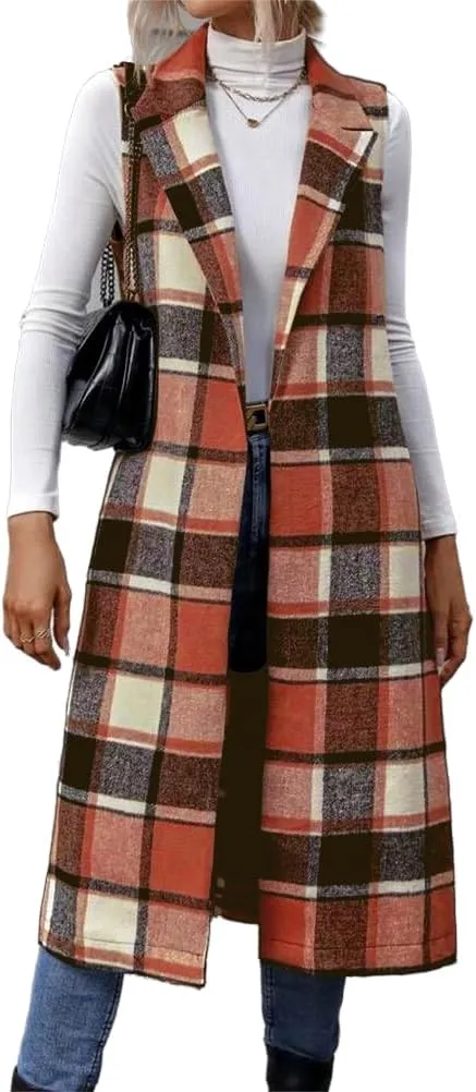 IDEALSANXUN Womens Long Plaid Vest Fall Winter Sleeveless Blazer Jackets Open Front Cardigan