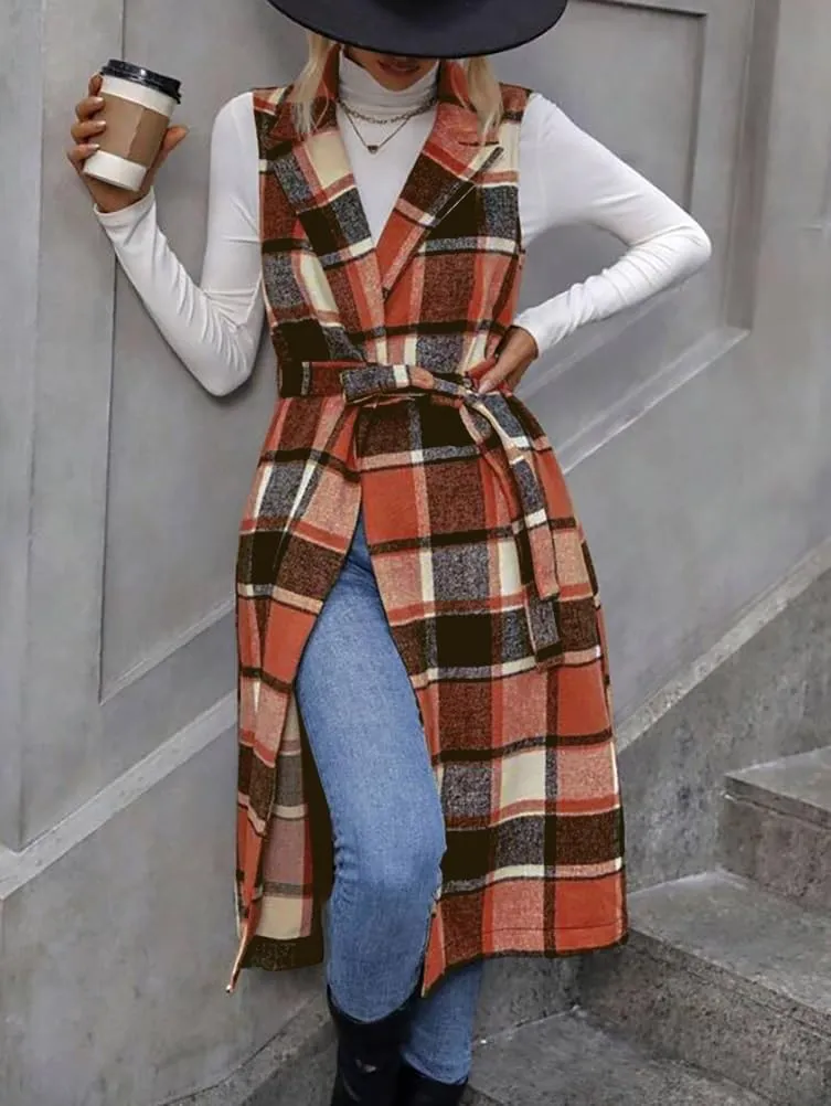 IDEALSANXUN Womens Long Plaid Vest Fall Winter Sleeveless Blazer Jackets Open Front Cardigan