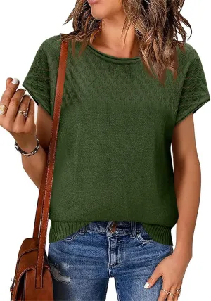 Imily Bela Womens Short Sleeve Sweaters Casual Crewneck Crochet Knit Summer Shirts Loose Trendy Pullover Tops