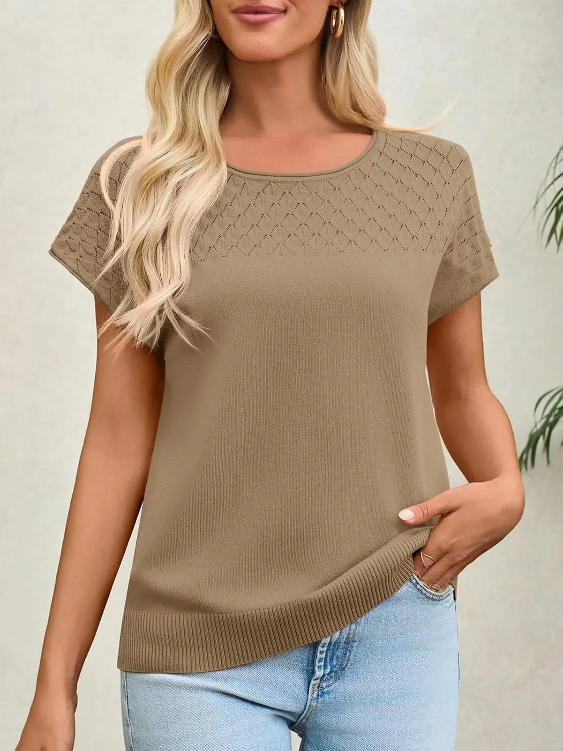 Imily Bela Womens Short Sleeve Sweaters Casual Crewneck Crochet Knit Summer Shirts Loose Trendy Pullover Tops