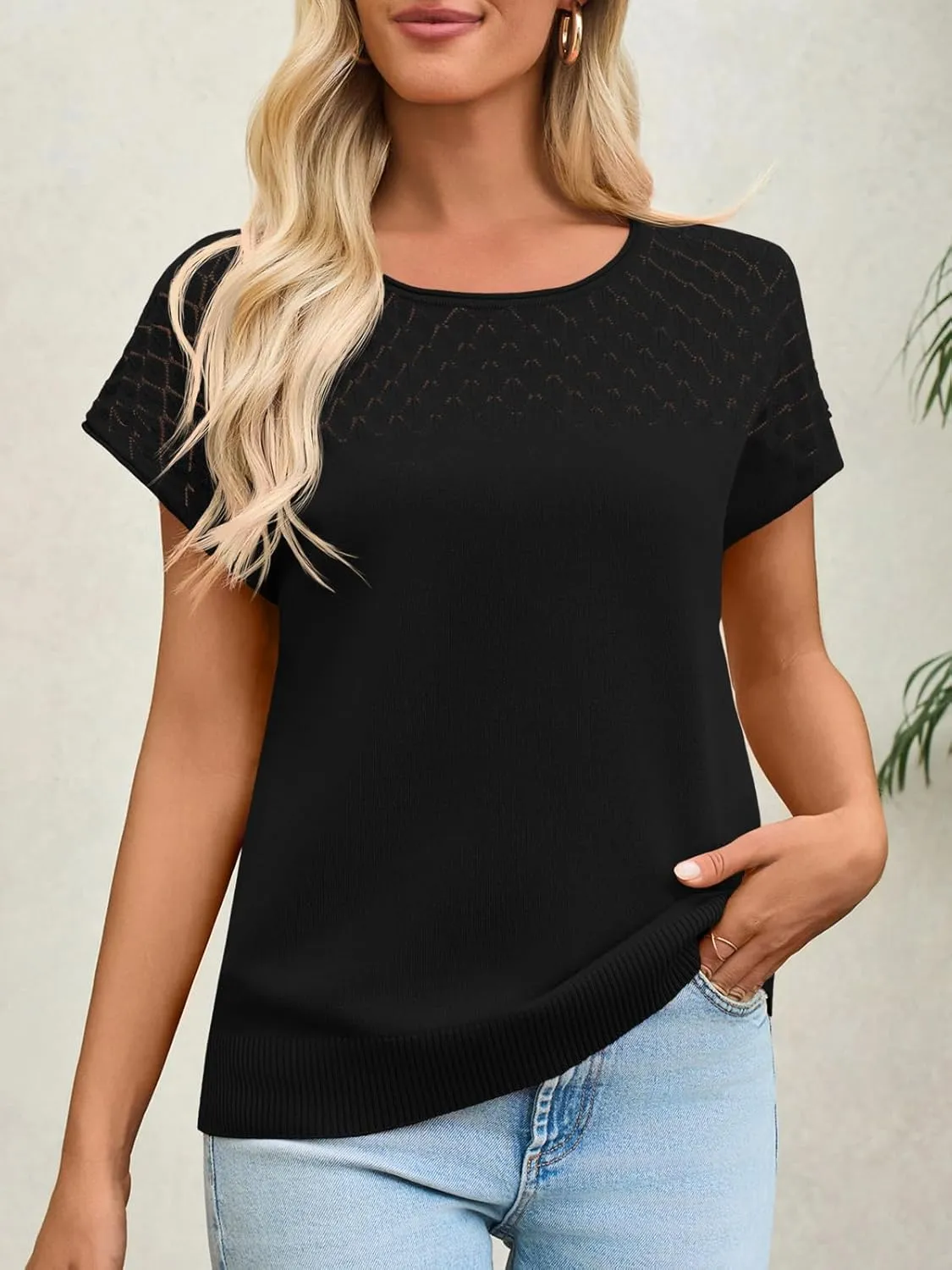 Imily Bela Womens Short Sleeve Sweaters Casual Crewneck Crochet Knit Summer Shirts Loose Trendy Pullover Tops