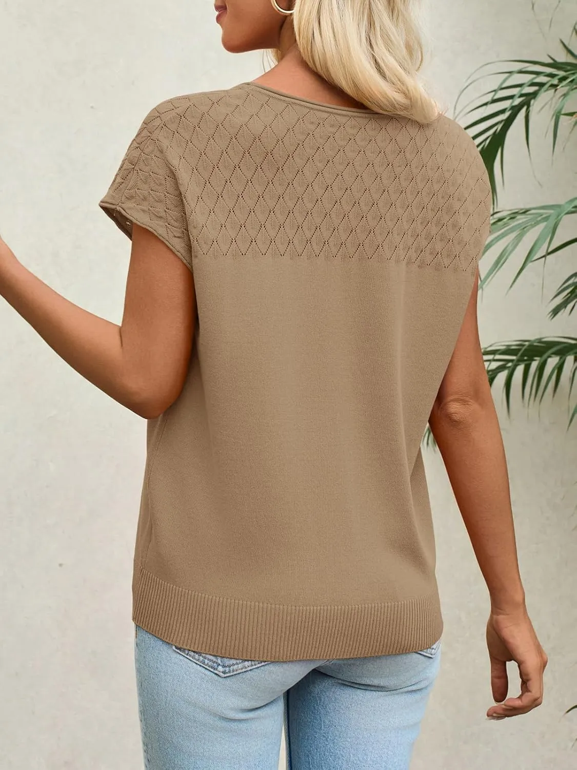 Imily Bela Womens Short Sleeve Sweaters Casual Crewneck Crochet Knit Summer Shirts Loose Trendy Pullover Tops
