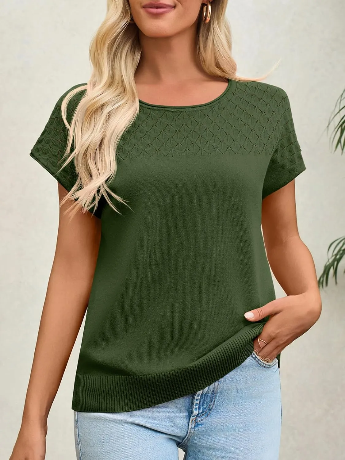 Imily Bela Womens Short Sleeve Sweaters Casual Crewneck Crochet Knit Summer Shirts Loose Trendy Pullover Tops
