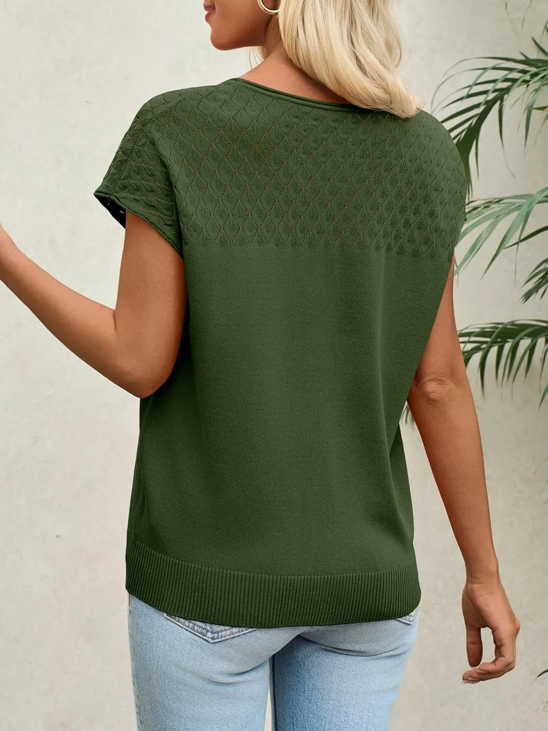 Imily Bela Womens Short Sleeve Sweaters Casual Crewneck Crochet Knit Summer Shirts Loose Trendy Pullover Tops