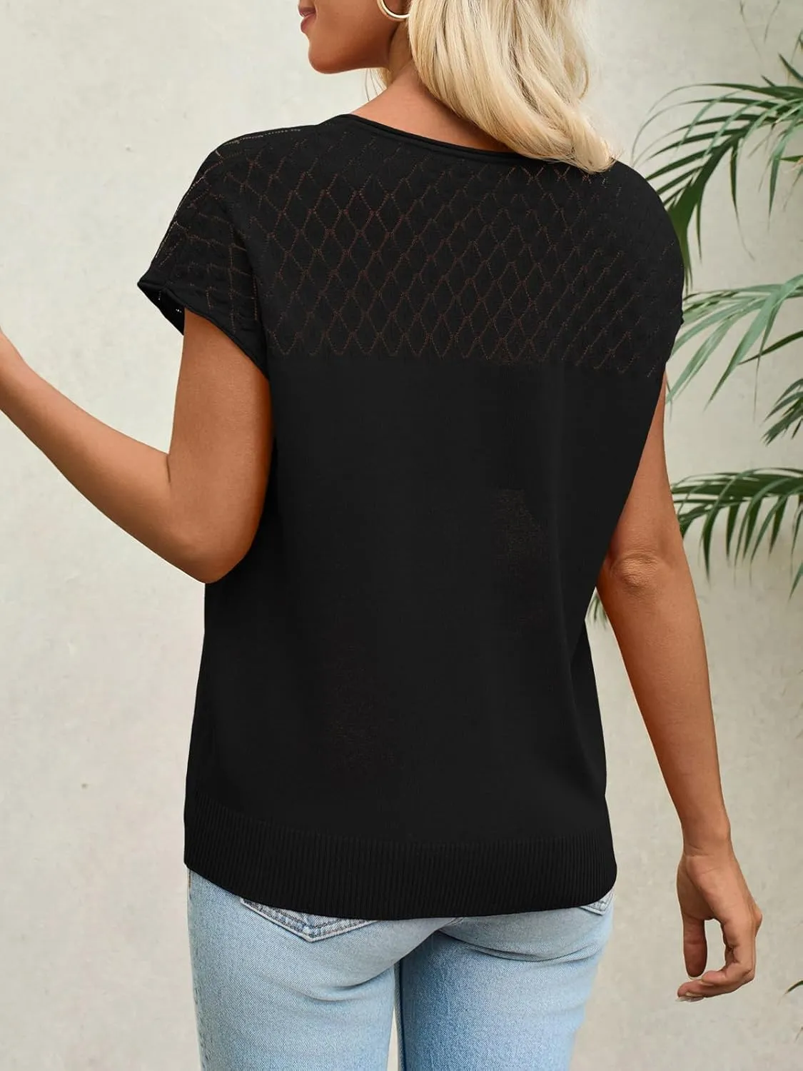 Imily Bela Womens Short Sleeve Sweaters Casual Crewneck Crochet Knit Summer Shirts Loose Trendy Pullover Tops