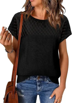 Imily Bela Womens Short Sleeve Sweaters Casual Crewneck Crochet Knit Summer Shirts Loose Trendy Pullover Tops