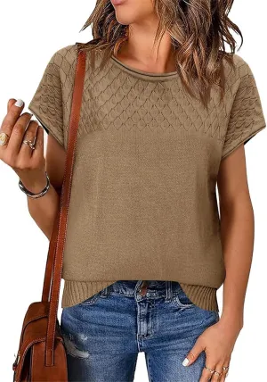 Imily Bela Womens Short Sleeve Sweaters Casual Crewneck Crochet Knit Summer Shirts Loose Trendy Pullover Tops