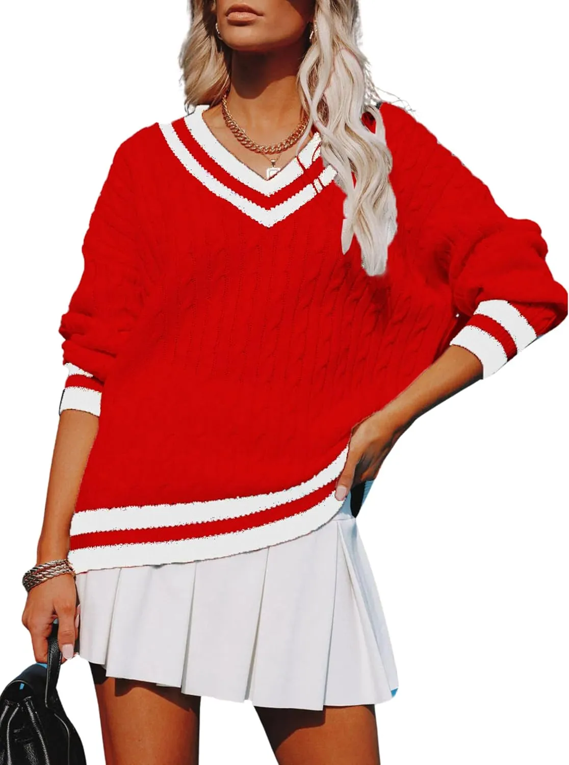 InterNos Women's Casual V Neck Long Sleeve Sweater Trendy Striped Pullover Cable Knit Preppy Sweaters