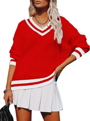 InterNos Women's Casual V Neck Long Sleeve Sweater Trendy Striped Pullover Cable Knit Preppy Sweaters