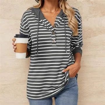 IVERIRMIN Women's Oversized Striped Button-up Hoodies Drawstring Hooded Sweatshirt Long Sleeve Shirts Pullover Tops for Women