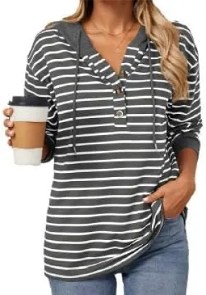 IVERIRMIN Women's Oversized Striped Button-up Hoodies Drawstring Hooded Sweatshirt Long Sleeve Shirts Pullover Tops for Women